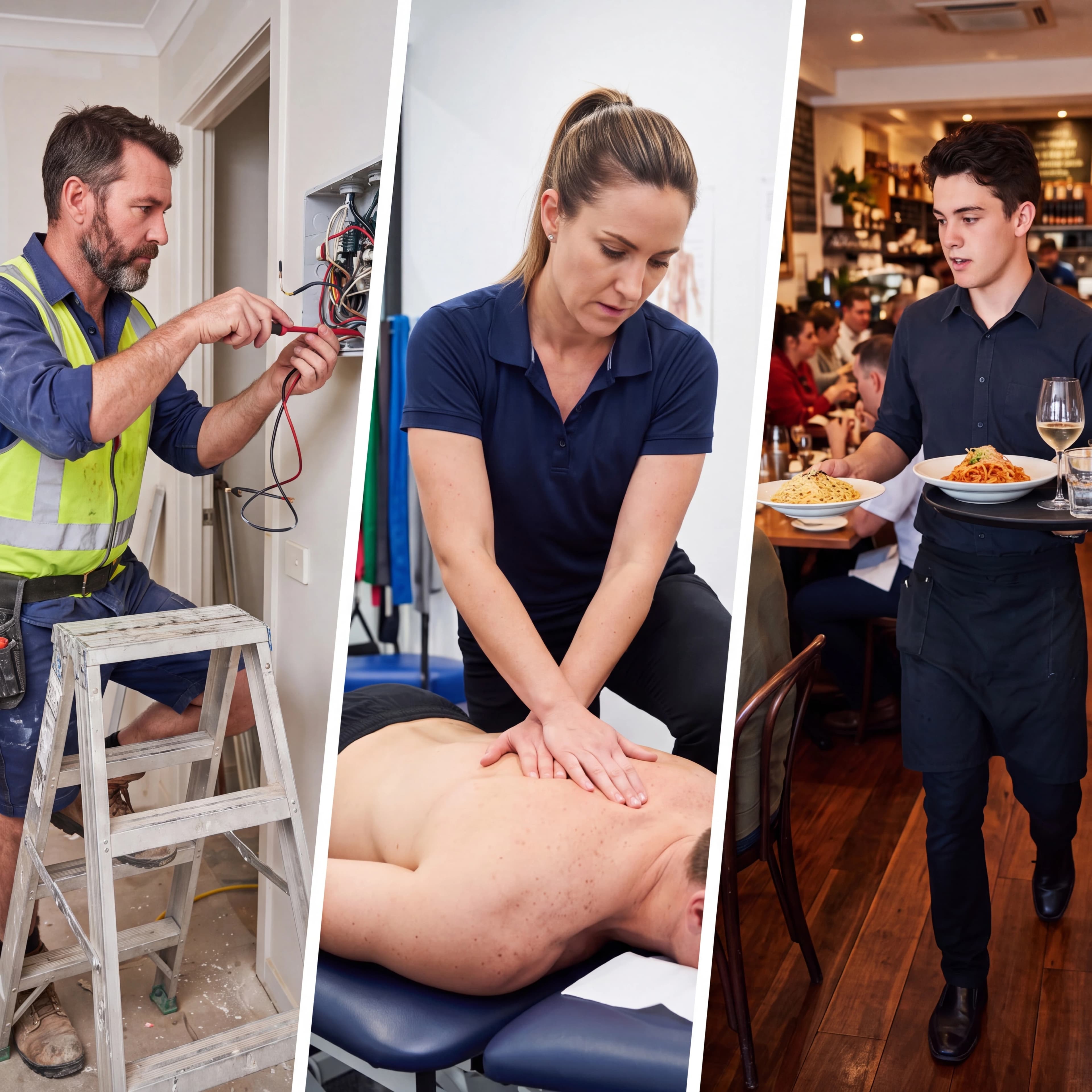 An Australian electrician, physiotherapist and waiter at work while their business phones are answered
